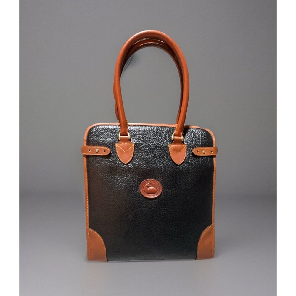 Vintage Dooney & Bourke Black and Brown Pebbled Leather Satchel Logo Accent